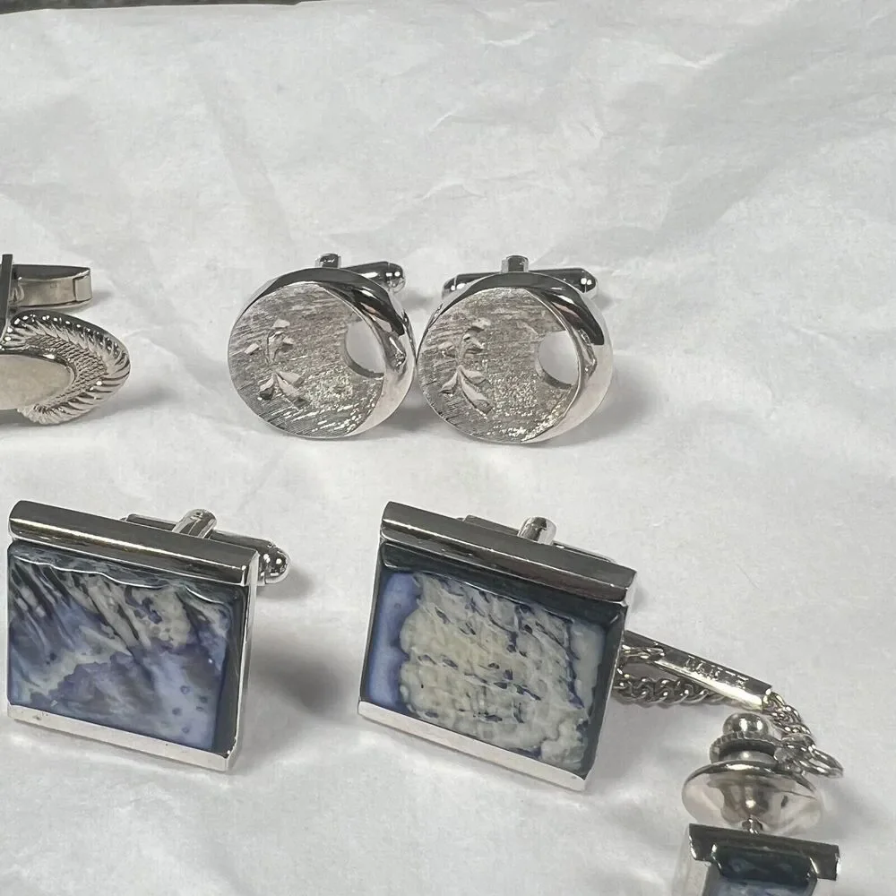 Vtg 70s Retro Silver Tone cufflinks and shirt studs prom gender neutral